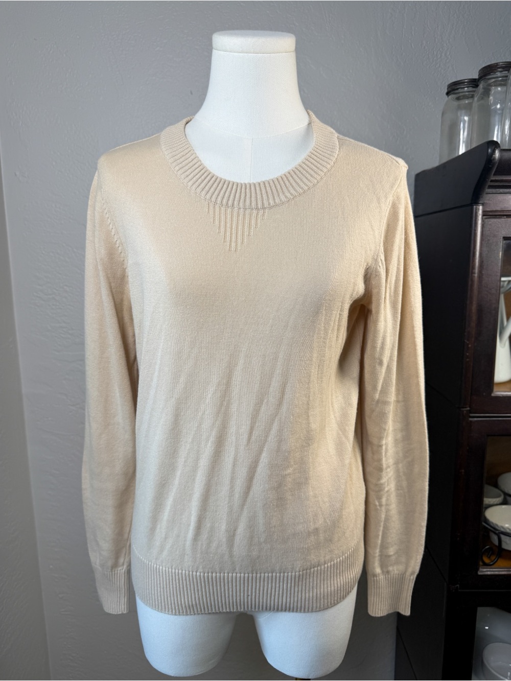 Pact Organic Cotton Crewneck Sweater Beige Lightweight Knit Top Size XS